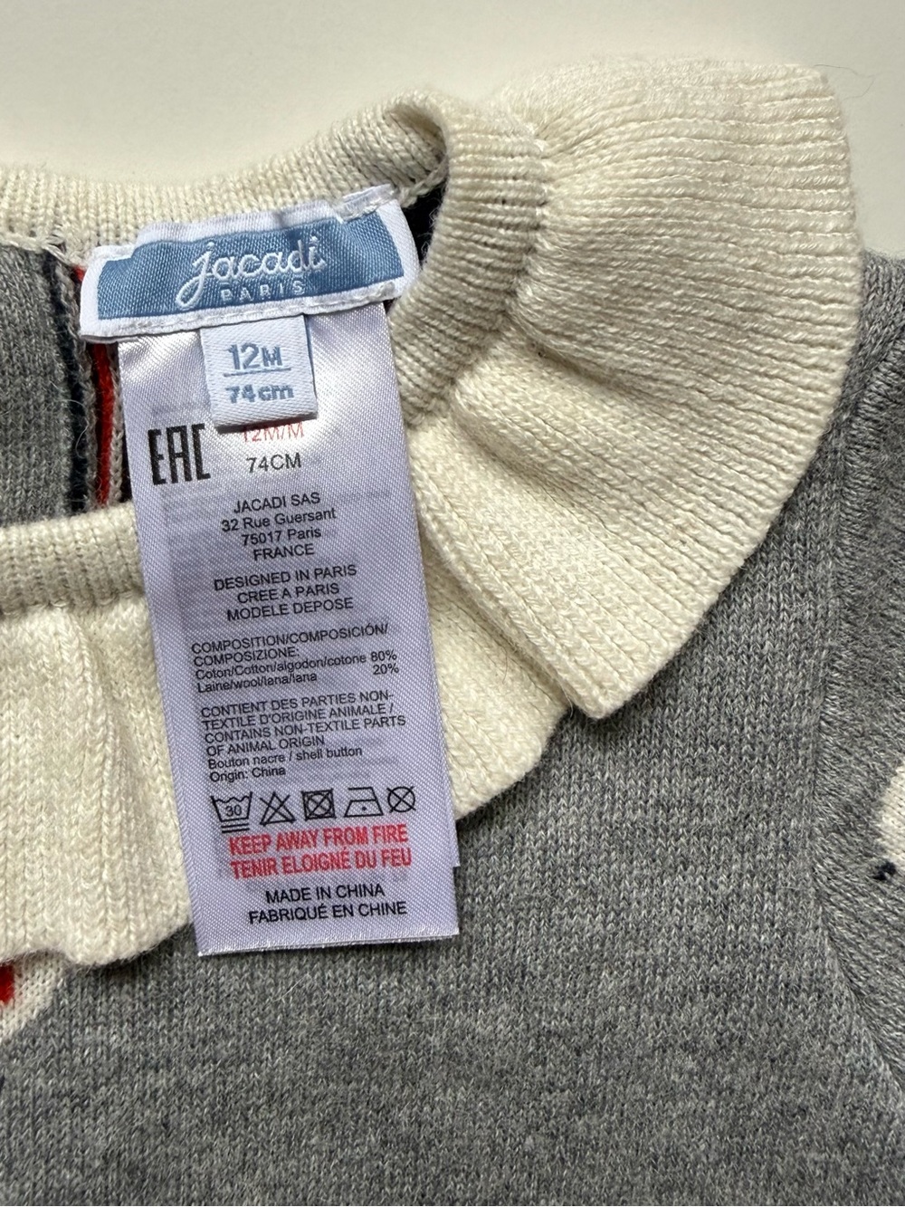 Jacadi Gray Knit One-Piece w/ Ivory Ruffle Collar & Valentine Bird Pattern - 12M - Picture 15 of 15